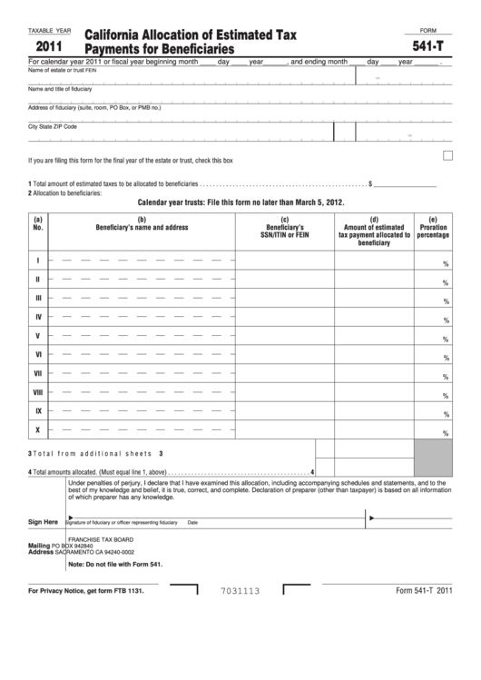 Fillable Form 541-T- California Allocation Of Estimated Tax Payments For Beneficiaries - 2011 Printable pdf