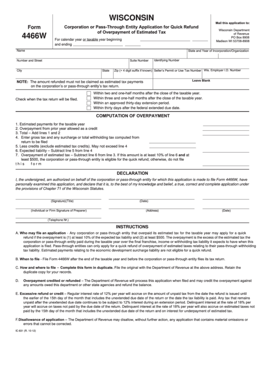 Form 4466w - Wisconsin Corporation Or Pass-Through Entity Application For Quick Refund Of Overpayment Of Estimated Tax Printable pdf