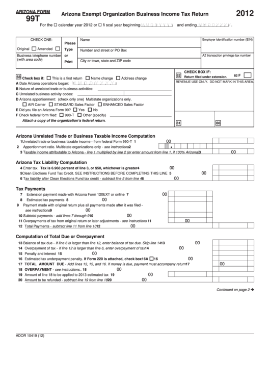 Fillable Arizona Form 99t - Arizona Exempt Organization Business Income Tax Return Printable pdf