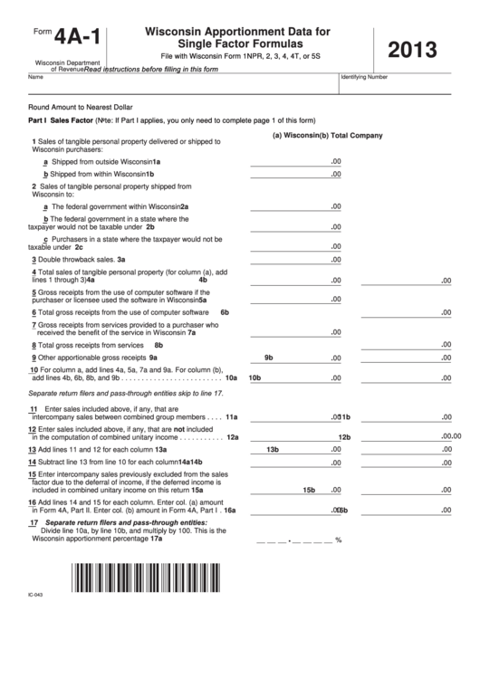 Form 4a-1 - Wisconsin Apportionment Data For Single Factor Formulas - 2013 Printable pdf