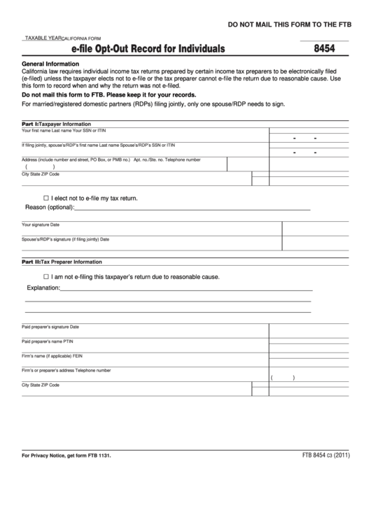 Fillable California Form 8454 - E-File Opt-Out Record For Individuals Printable pdf