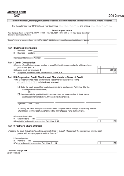 Fillable Arizona Form 347 - Credit For Qualified Health Insurance Plans - 2012 Printable pdf