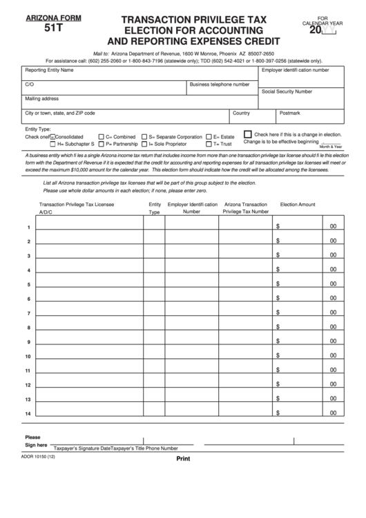 Fillable Arizona Form 51t - Transaction Privilege Tax Election For Accounting And Reporting Expenses Credit Printable pdf