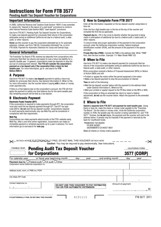 Fillable California Form Ftb 3577 - Pending Audit Tax Deposit Voucher For Corporations Printable pdf