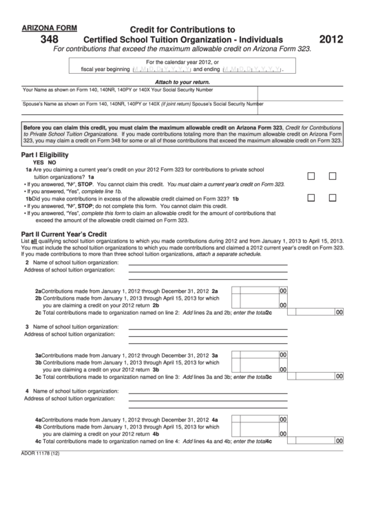 Fillable Arizona Form 348 - Credit For Contributions To Certified School Tuition Organization - Individuals - 2012 Printable pdf