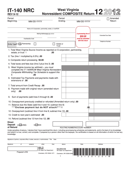 Form It-140 Nrc- West Virginia Nonresident Composite Return - 2012 Printable pdf