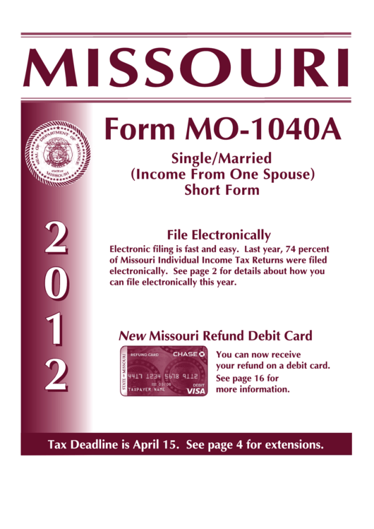 Instructions For Form Mo-1040a - Single/married (Income From One Spouse) Short Form - 2012 Printable pdf