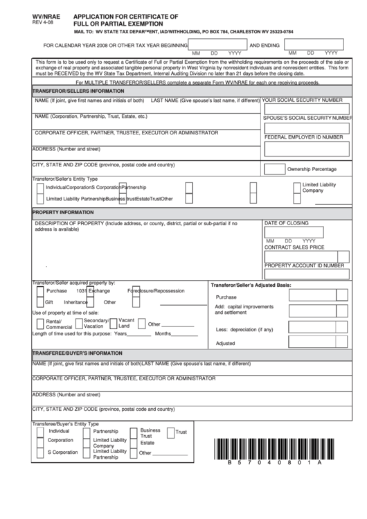 Form Wv/nrae - Application For Certificate Of Full Or Partial Exemption