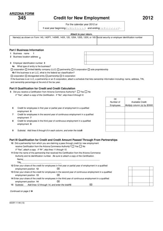 Fillable Arizona Form 345 - Credit For New Employment - 2012 Printable pdf