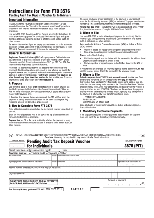 Fillable California Form Ftb 3576 - Pending Audit Tax Deposit Voucher For Individuals Printable pdf