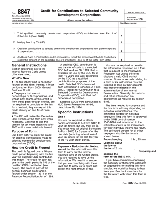 Fillable Form 8847 - Credit For Contributions To Selected Community Development Corporations Printable pdf