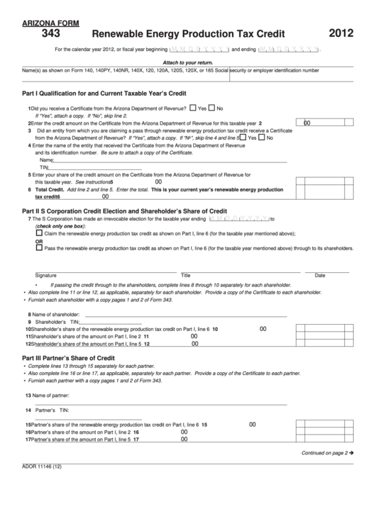 Fillable Arizona Form 343 - Renewable Energy Production Tax Credit - 2012 Printable pdf