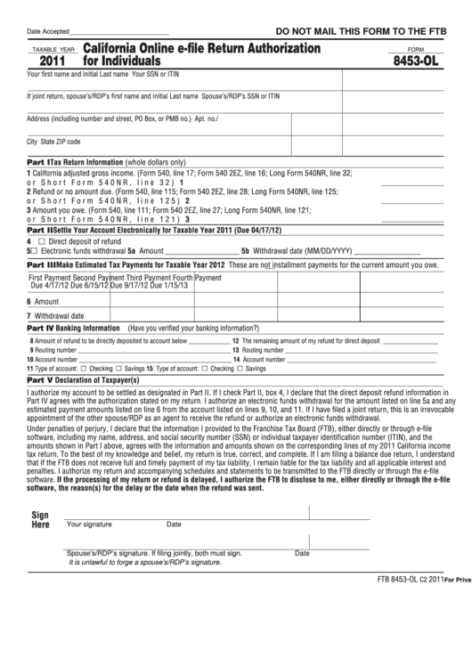 Form 8453-ol - California Online E-file Return Authorization For Individuals - 2011