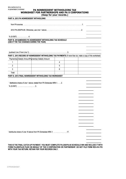 Form Rev-414 P/s - Pa Nonresident Withholding Tax Worksheet For Partnerships And Pa S Corporations Printable pdf