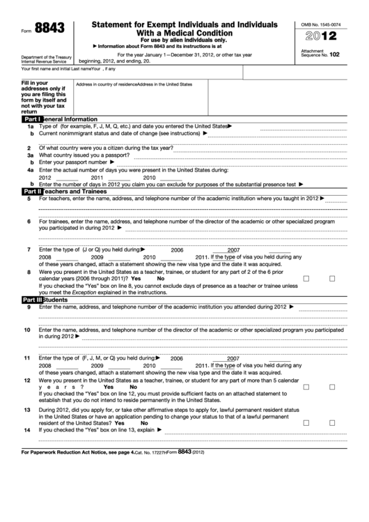Fillable Form 8843 - Statement For Exempt Individuals And Individuals With A Medical Condition - 2012 Printable pdf