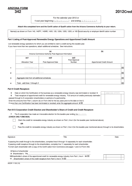 Fillable Arizona Form 342 - Credit For Renewable Energy Industry - 2012 Printable pdf