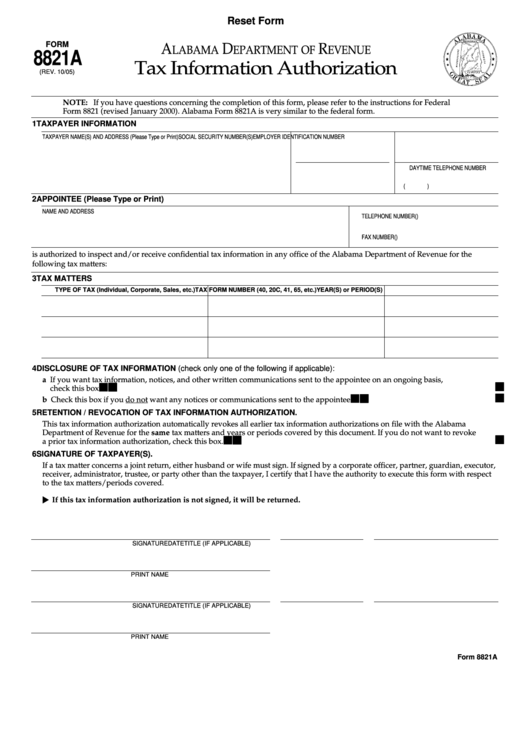 Fillable Form 8821a - Tax Information Authorization Printable pdf
