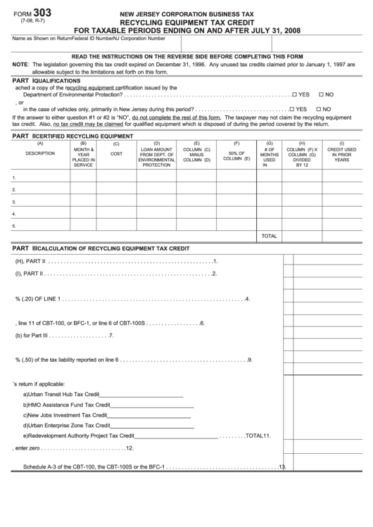 Fillable Form 303 - Recycling Equipment Tax Credit - 2008 Printable pdf