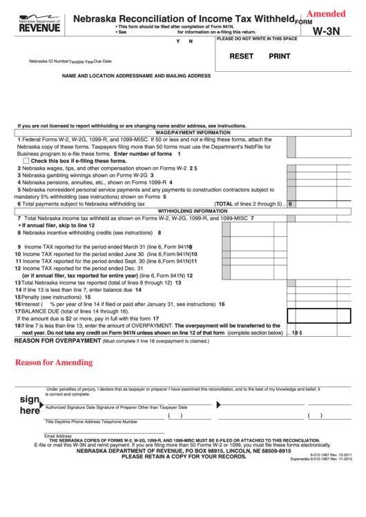 Fillable Form W-3n - Nebraska Reconciliation Of Income Tax Withheld Printable pdf