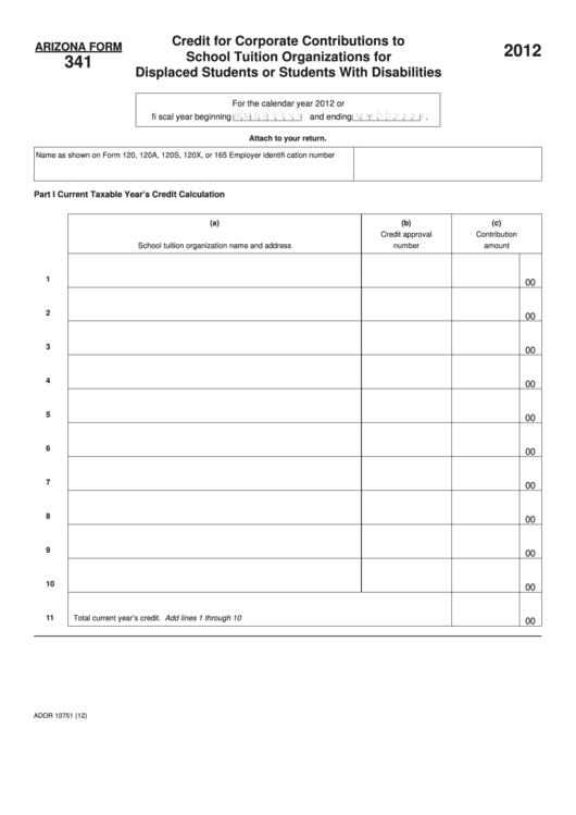 Fillable Arizona Form 341 - Credit For Corporate Contributions To School Tuition Organizations For Displaced Students Or Students With Disabilities - 2012 Printable pdf