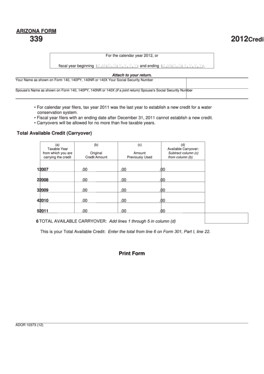 Fillable Arizona Form 339 - Credit For Water Conservation Systems - 2012 Printable pdf
