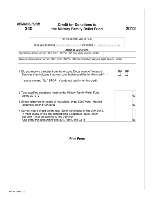 Fillable Arizona Form 340 - Credit For Donations To The Military Family Relief Fund - 2012 Printable pdf
