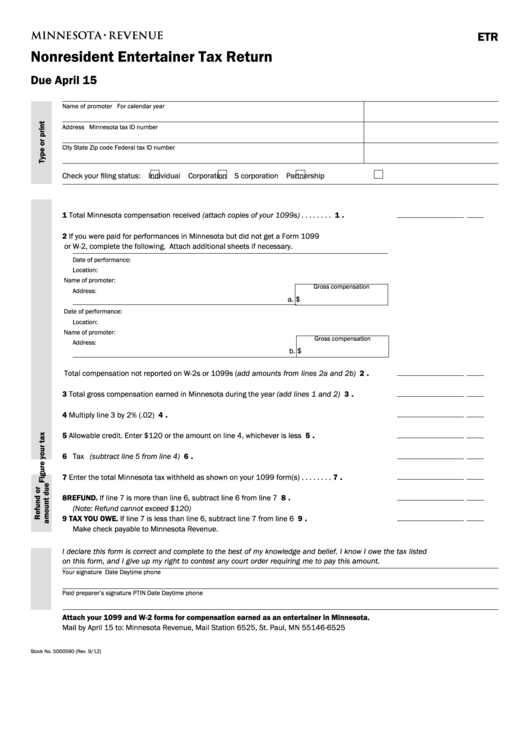 Fillable Form Etr - Nonresident Entertainer Tax Return Printable pdf