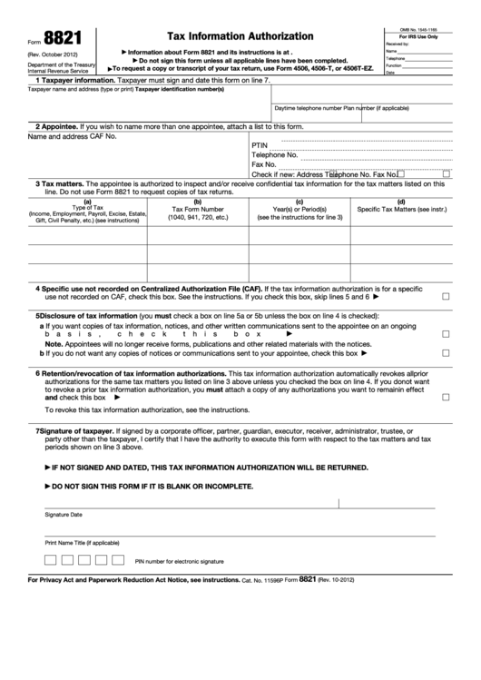 Fillable Form 8821 - Tax Information Authorization Printable pdf