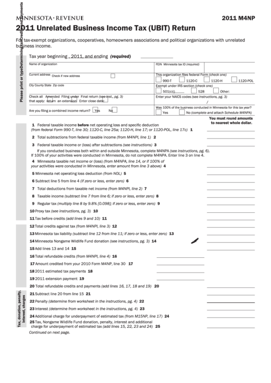Fillable Form M4np - Unrelated Business Income Tax (Ubit) Return - 2011 Printable pdf