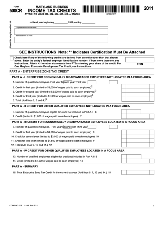 Fillable Form 500cr - Income Tax Credits - 2011 Printable pdf