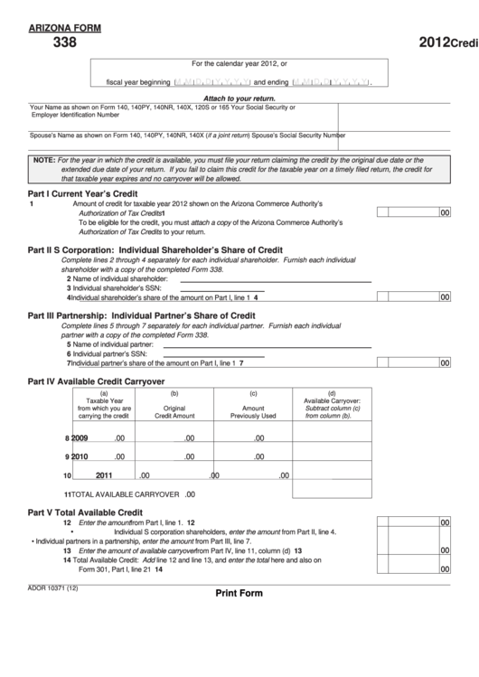 Fillable Arizona Form 338 - Credit For Investment In Qualified Small Businesses - 2012 Printable pdf