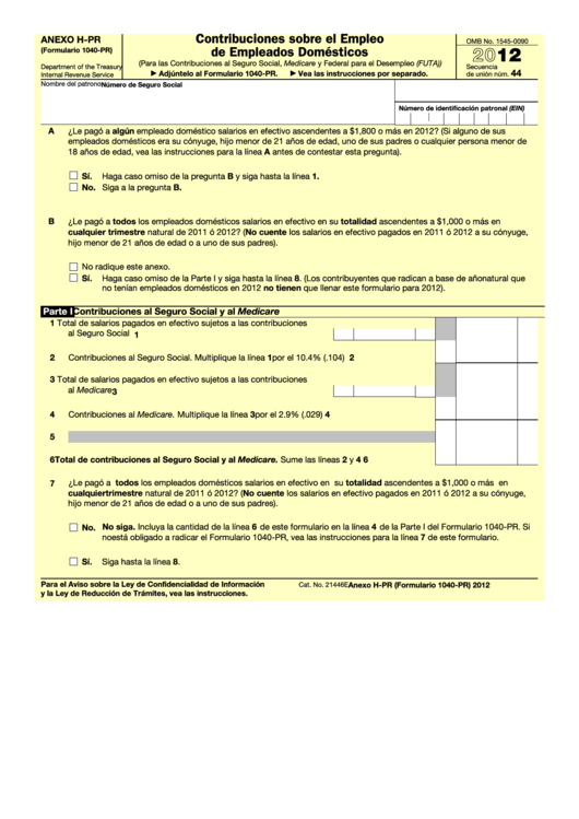 Fillable Anexo H-Pr (Formulario 1040-Pr) - Contribuciones Sobre El Empleo De Empleados Domesticos - 2012 Printable pdf
