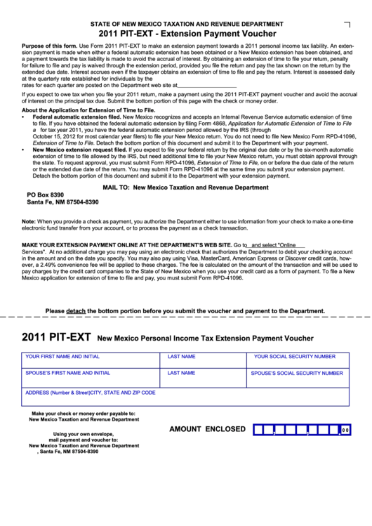 Form Pit-Ext - New Mexico Personal Income Tax Extension Payment Voucher - 2011 Printable pdf