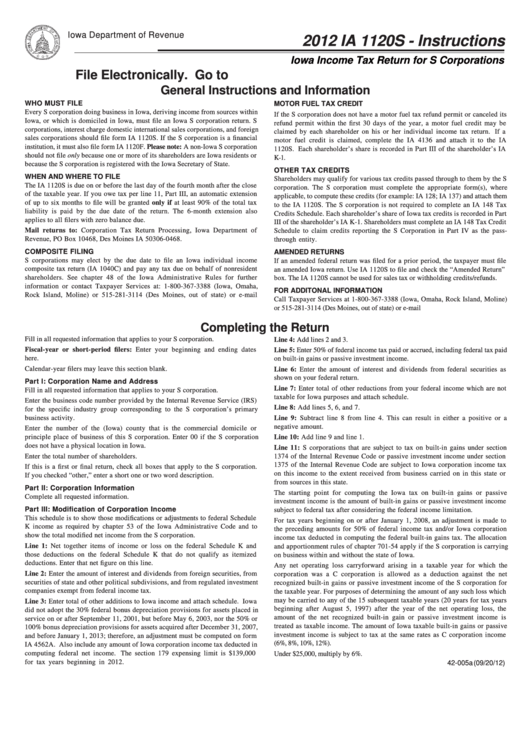 Instructions For Form 1120s - Iowa Income Tax Return For S Corporations - 2012 Printable pdf