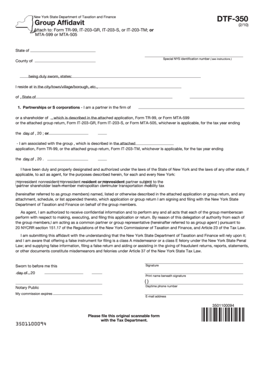 Fillable Form Dtf-350 - Group Affidavit Printable pdf