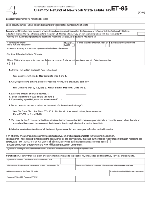 Form Et-95 - Claim For Refund Of New York State Estate Tax Printable pdf