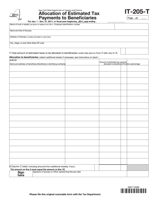 Fillable Form It-205-T - Allocation Of Estimated Tax Payments To Beneficiaries - 2011 Printable pdf