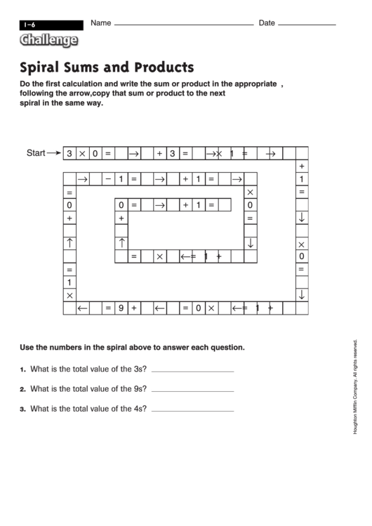Spiral Sums And Products - Math Worksheet With Answers Printable pdf