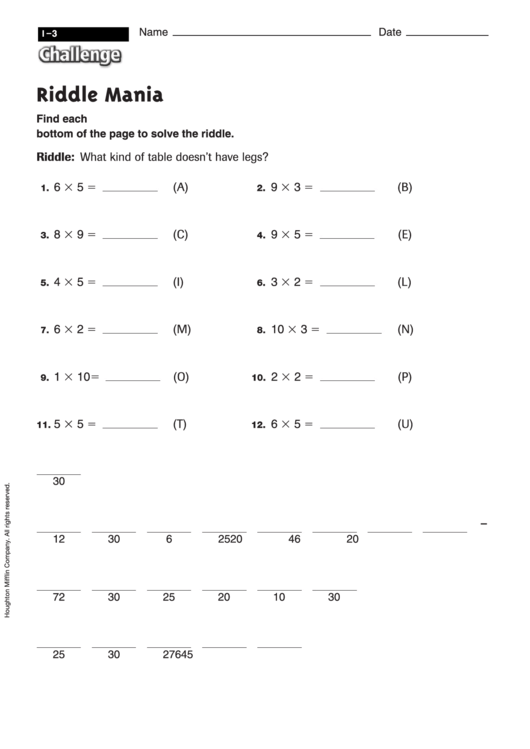 Riddle Mania - Multiplication Worksheet With Answers