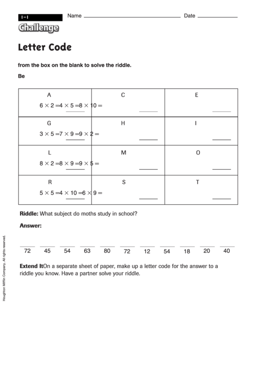 Letter Code - Multiplication Worksheet With Answers