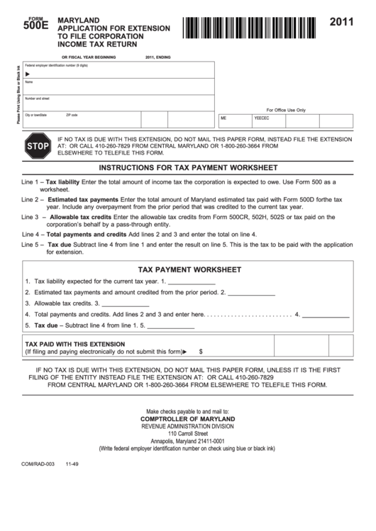 Fillable Form 500e - Maryland Application For Extension To File Corporation Income Tax Return - 2011 Printable pdf