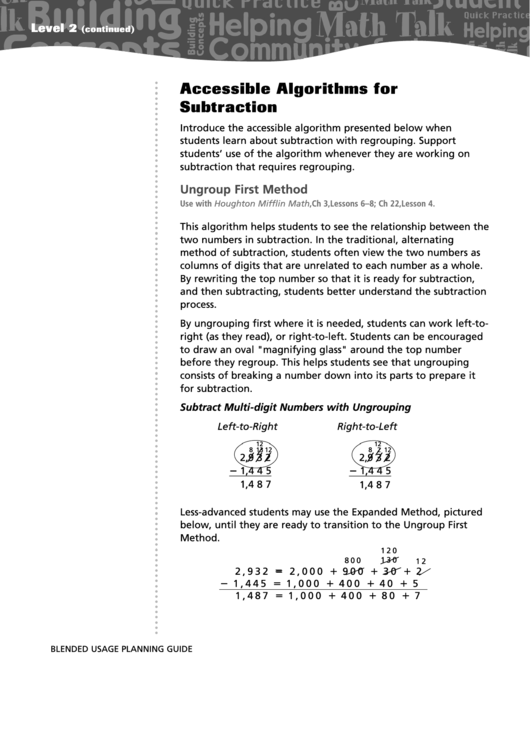 Accessible Algorithms For Subtraction - Subtraction Worksheet Printable pdf