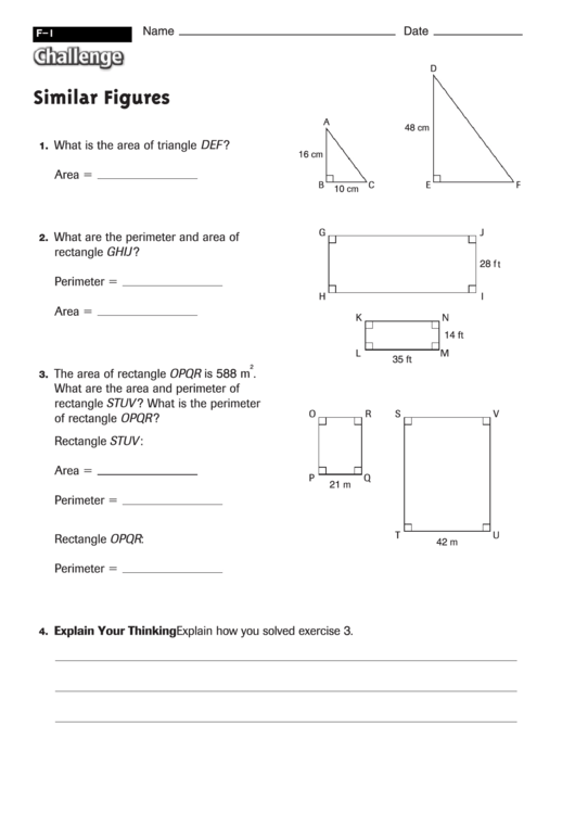 Similar Figures - Geometry Worksheet With Answers Printable pdf