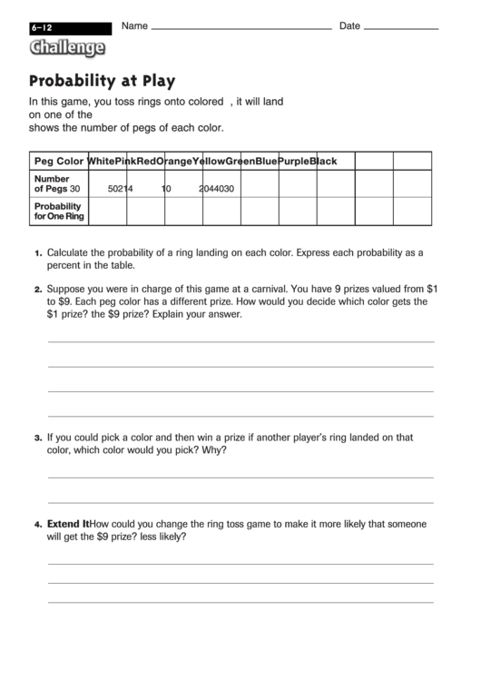 Probability At Play - Math Worksheet With Answers Printable pdf