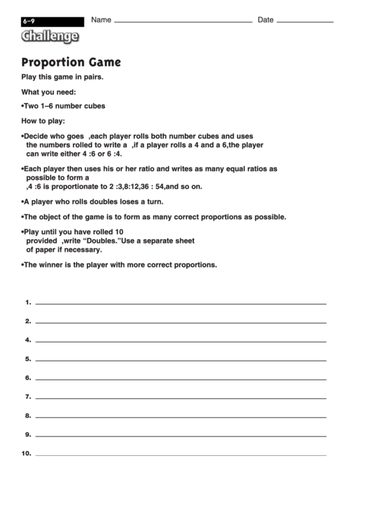 Proportion Game - Proportionality Worksheet
