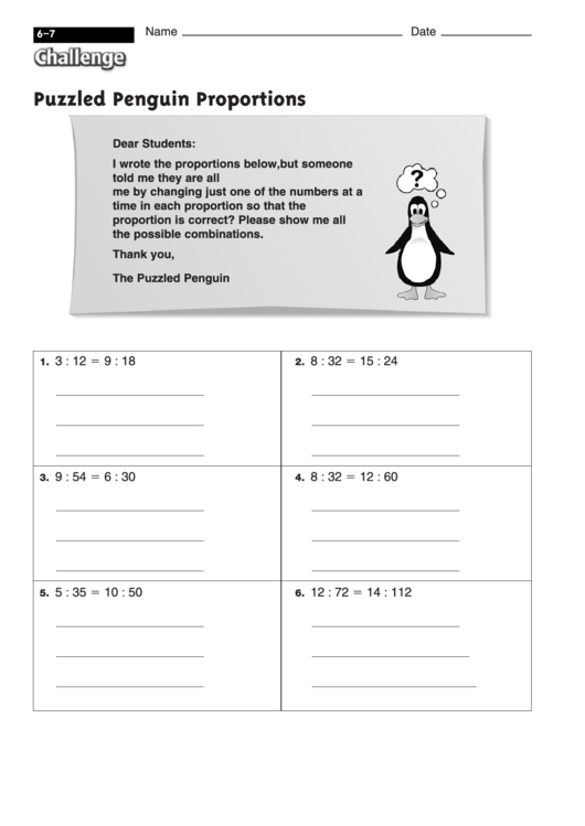 Puzzled Penguin Proportions - Proportionality Worksheet With Answers Printable pdf