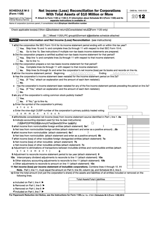 Fillable Form 1120 - Net Income (Loss) Reconciliation For Corporations With Total Assets Of 10 Million Dollars Or More - 2012 Printable pdf