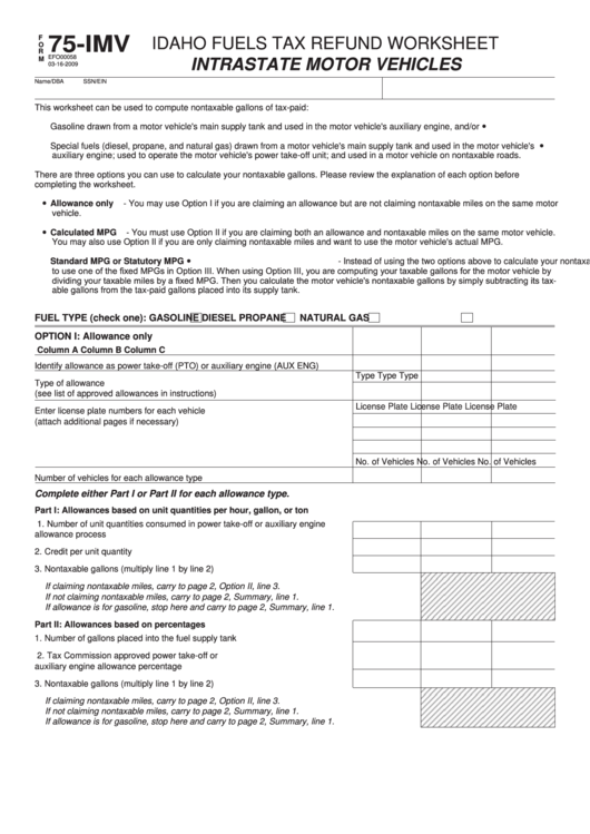 Form 75-Imv - Idaho Fuels Tax Refund Worksheet Printable pdf