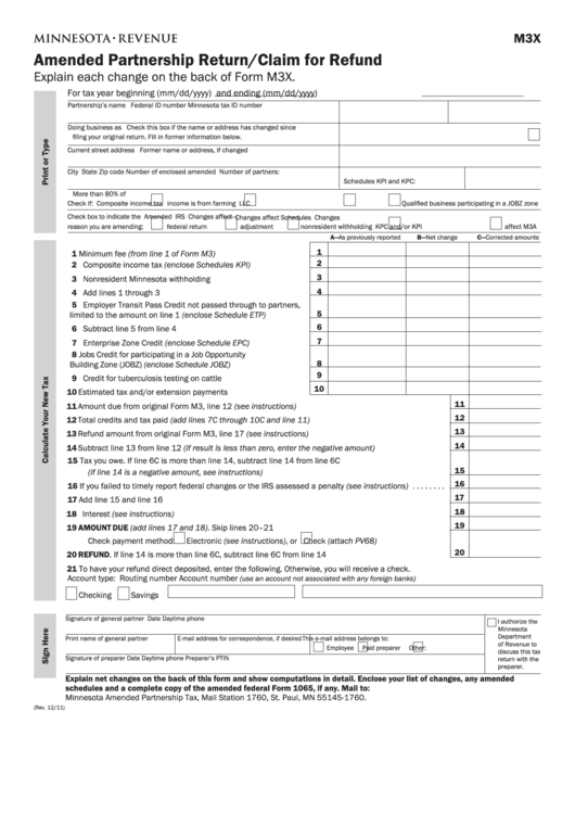 Fillable Form M3x - Amended Partnership Return/claim For Refund Printable pdf