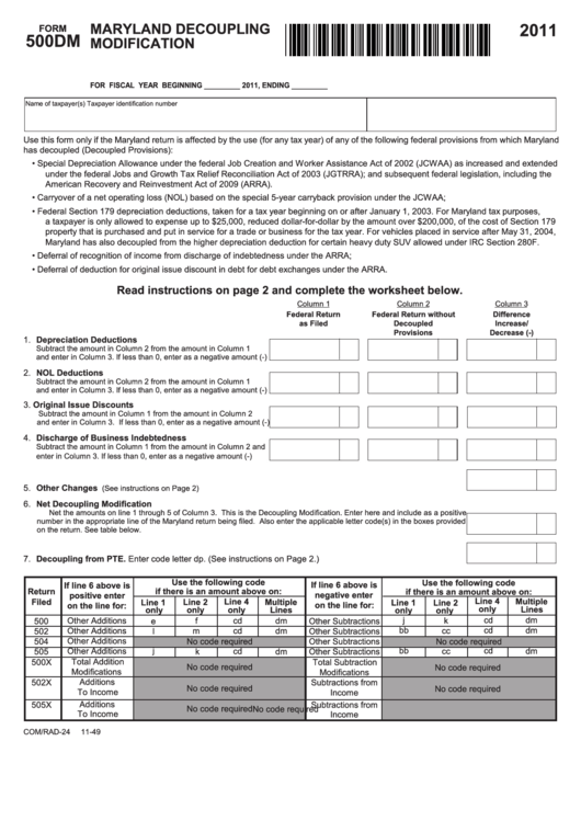 Fillable Form 500dm - Maryland Decoupling Modification - 2011 Printable pdf